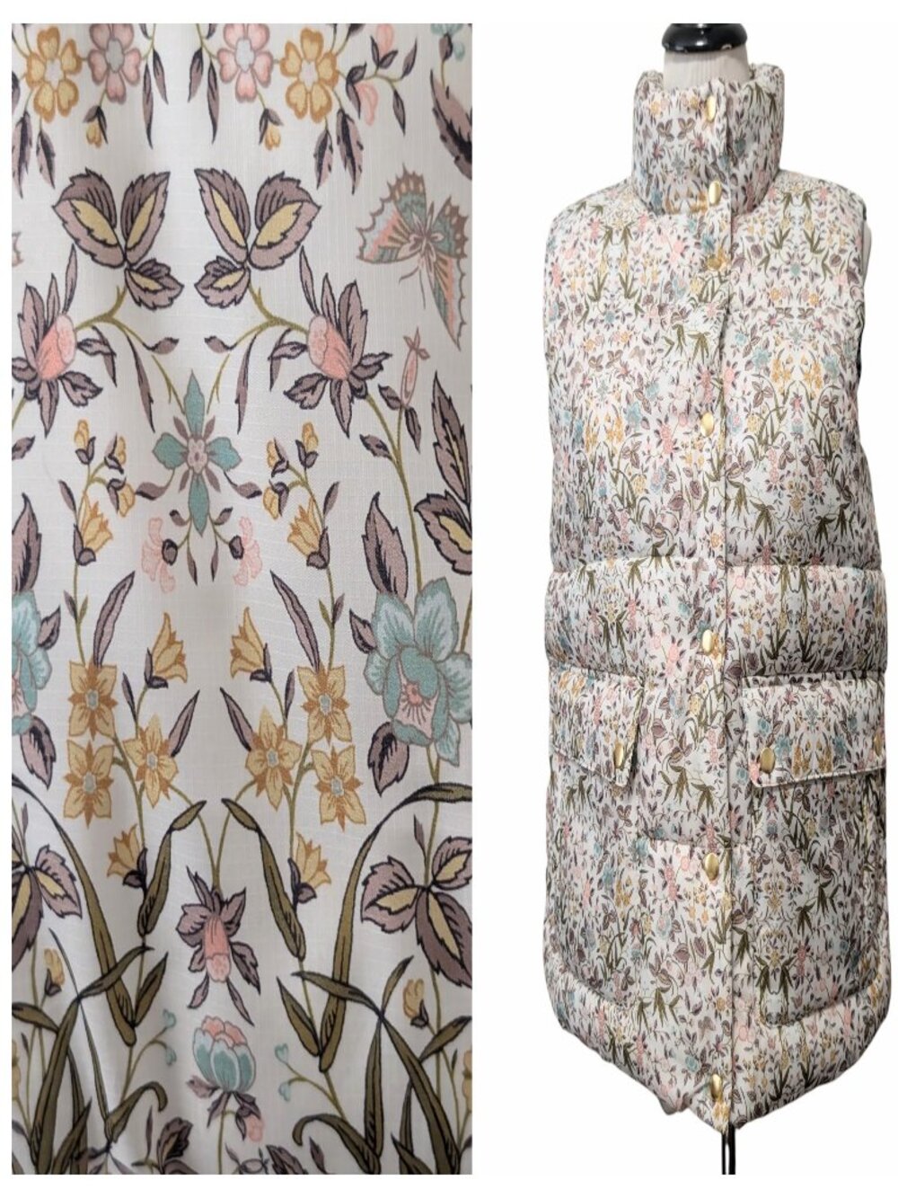 J Crew Liberty Fabric Sz S Ivory Floral Tapestry Zip Snap Primaloft Puffer Vest